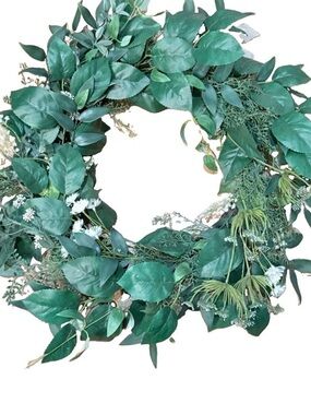 24” Artificial Greenery Wreath Mixed Foliage White Flowers Farmhouse Décor